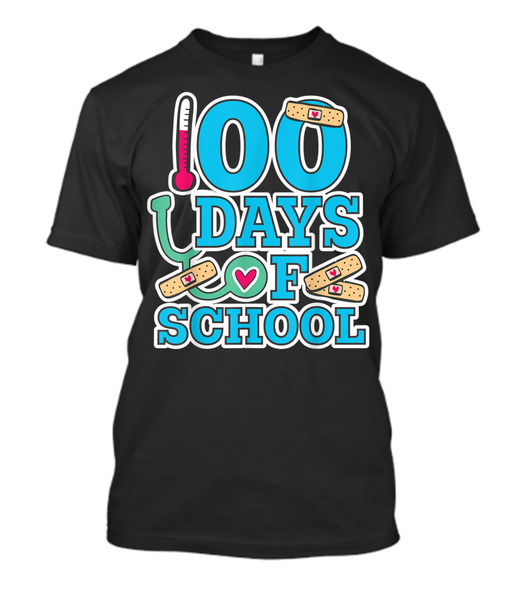 100 Days Of School Nurse Theme With Heart Bandages And Stethoscope T-Shirt