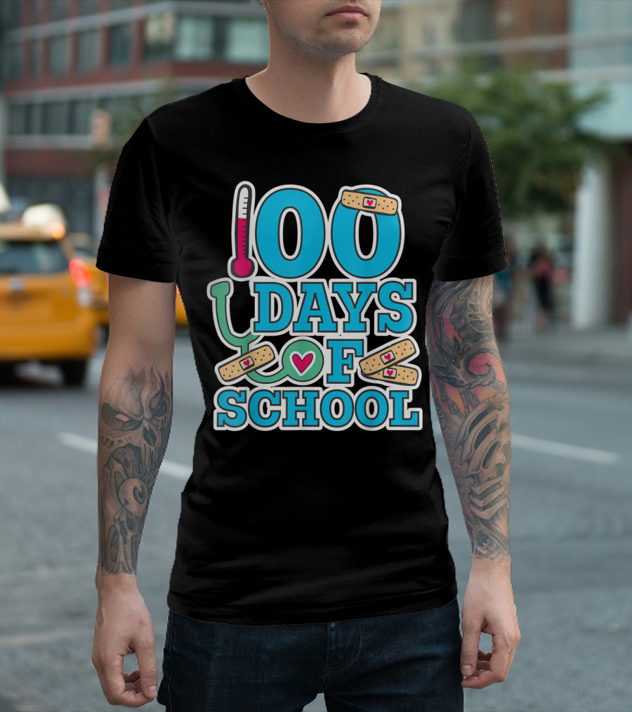 100 Days Of School Nurse Theme With Heart Bandages And Stethoscope T-Shirt