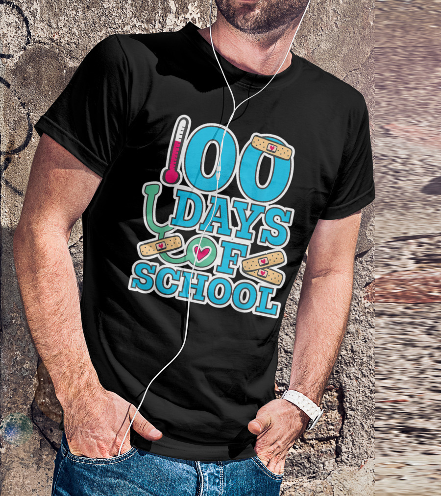 100 Days Of School Nurse Theme With Heart Bandages And Stethoscope T-Shirt