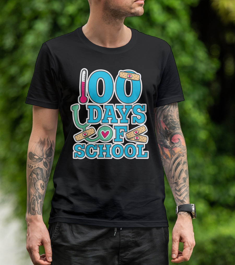 100 Days Of School Nurse Theme With Heart Bandages And Stethoscope T-Shirt