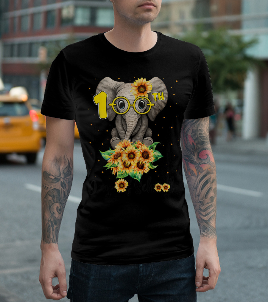 100th Day of School Sunflower Elephant with Glasses T-Shirt