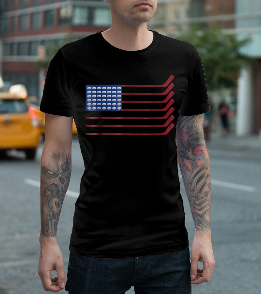 Usa American Flag Hockey Ice Skating Sticks And Pucks T-Shirt