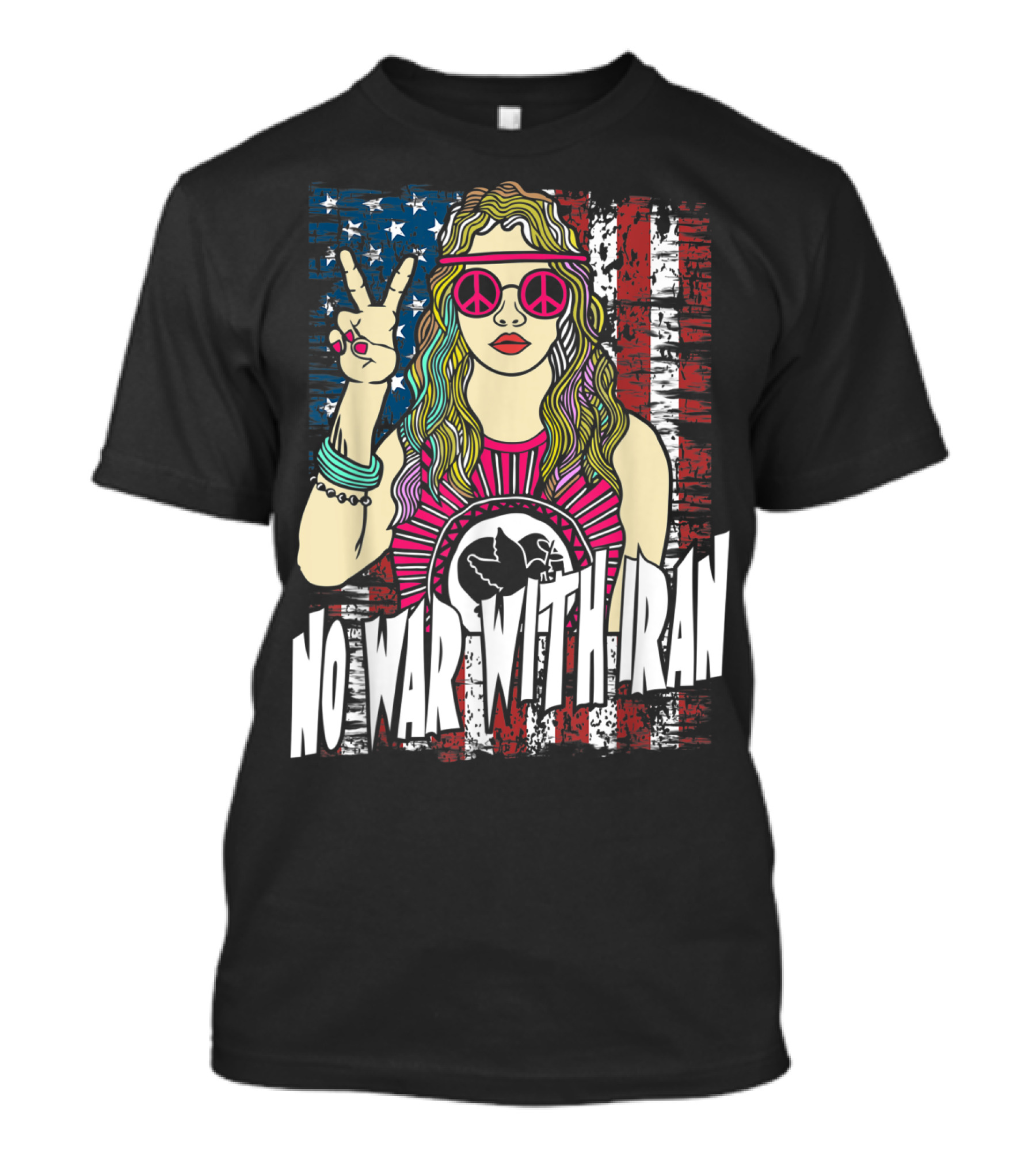 No War With Iran Peace Symbol Hippie Style With American Flag Background T-Shirt