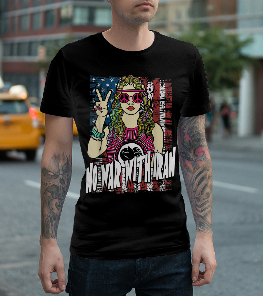 No War With Iran Peace Symbol Hippie Style With American Flag Background T-Shirt
