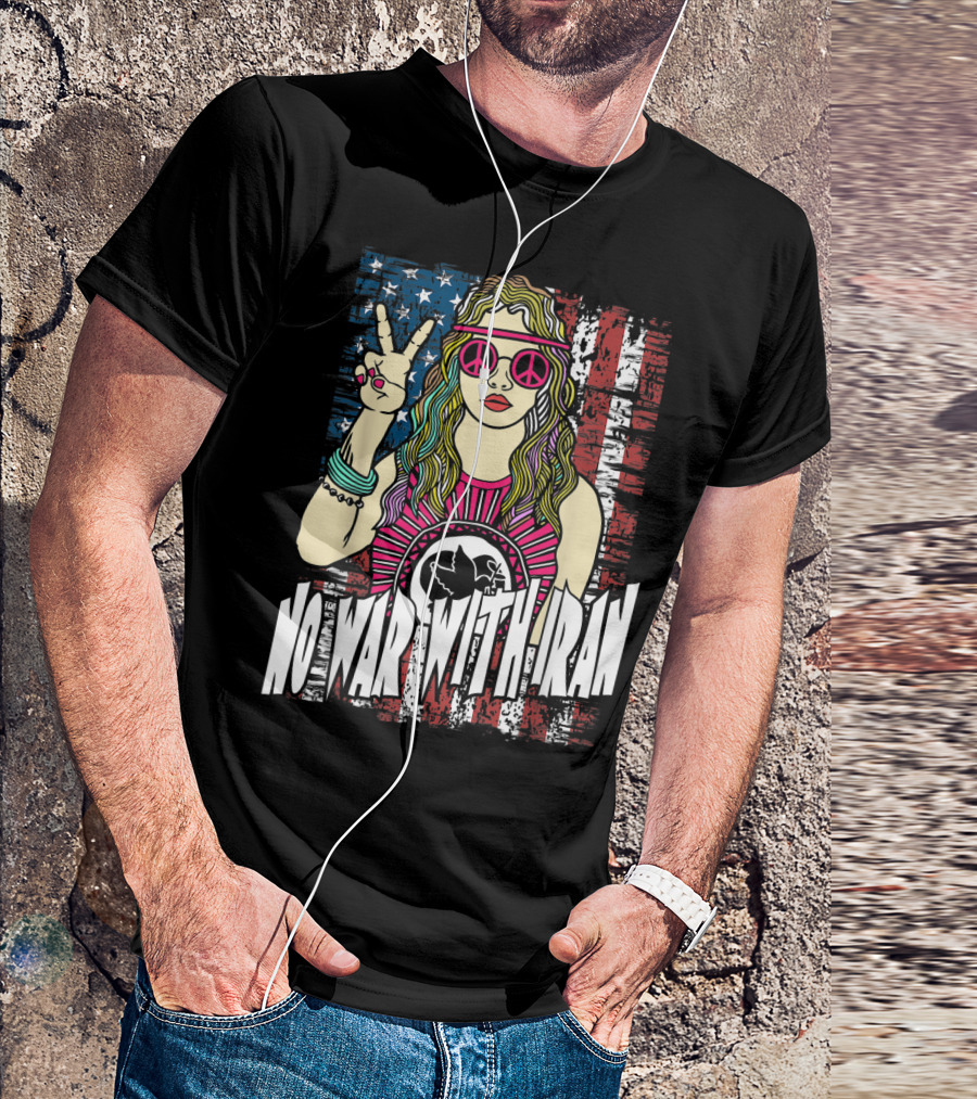 No War With Iran Peace Symbol Hippie Style With American Flag Background T-Shirt