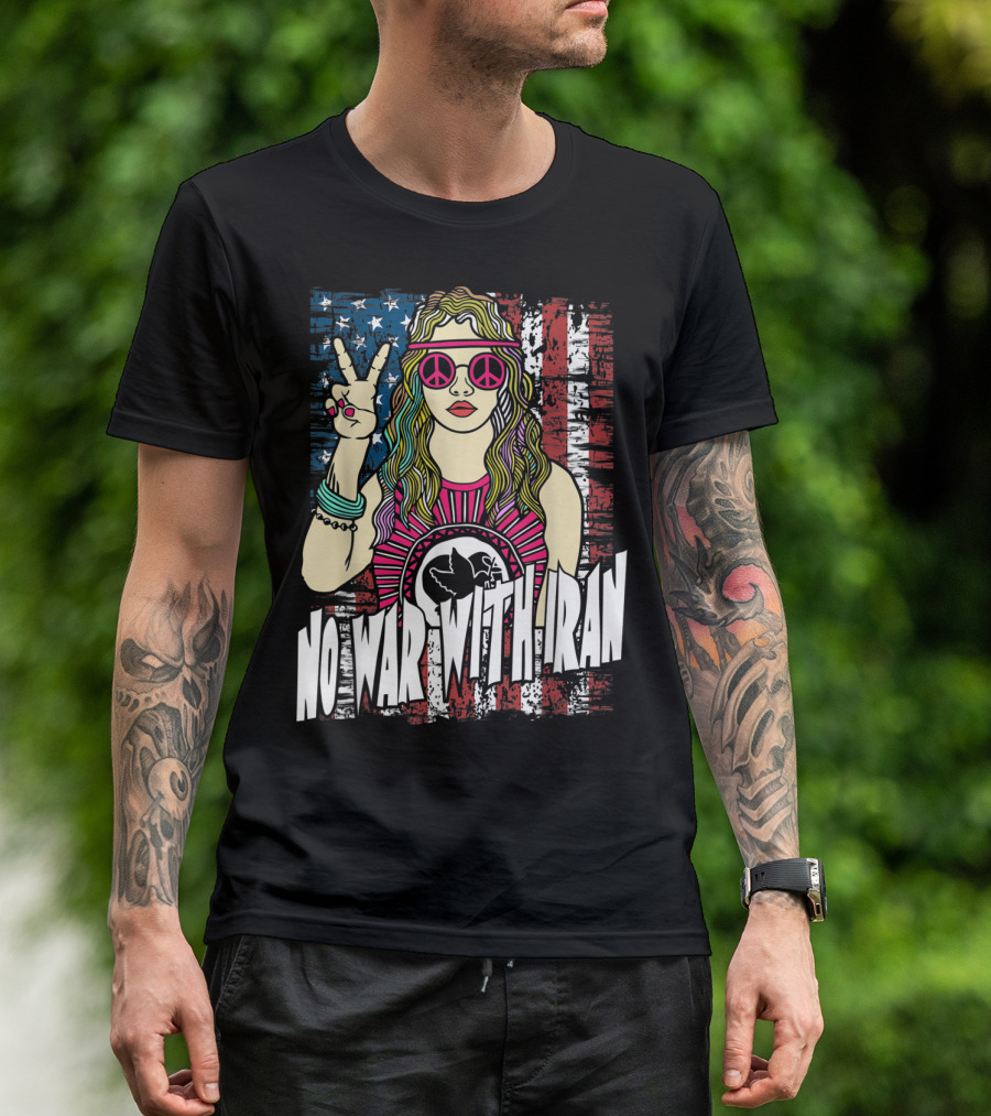 No War With Iran Peace Symbol Hippie Style With American Flag Background T-Shirt