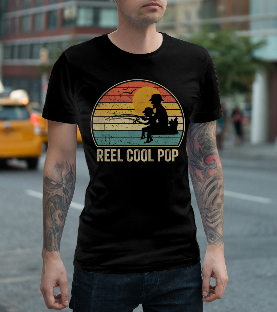 Reel Cool Pop Vintage Fisherman Father's Day Retro Sunset Fishing T-Shirt