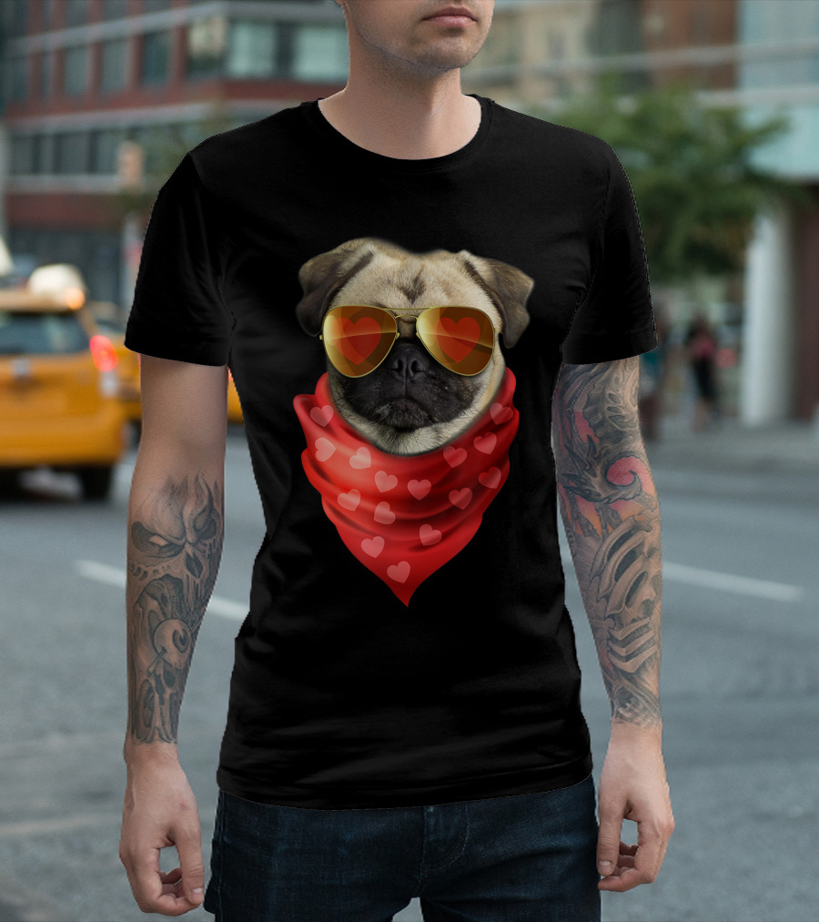 Pug Valentine Heart Bandana Sunglasses Romantic Mood T-Shirt
