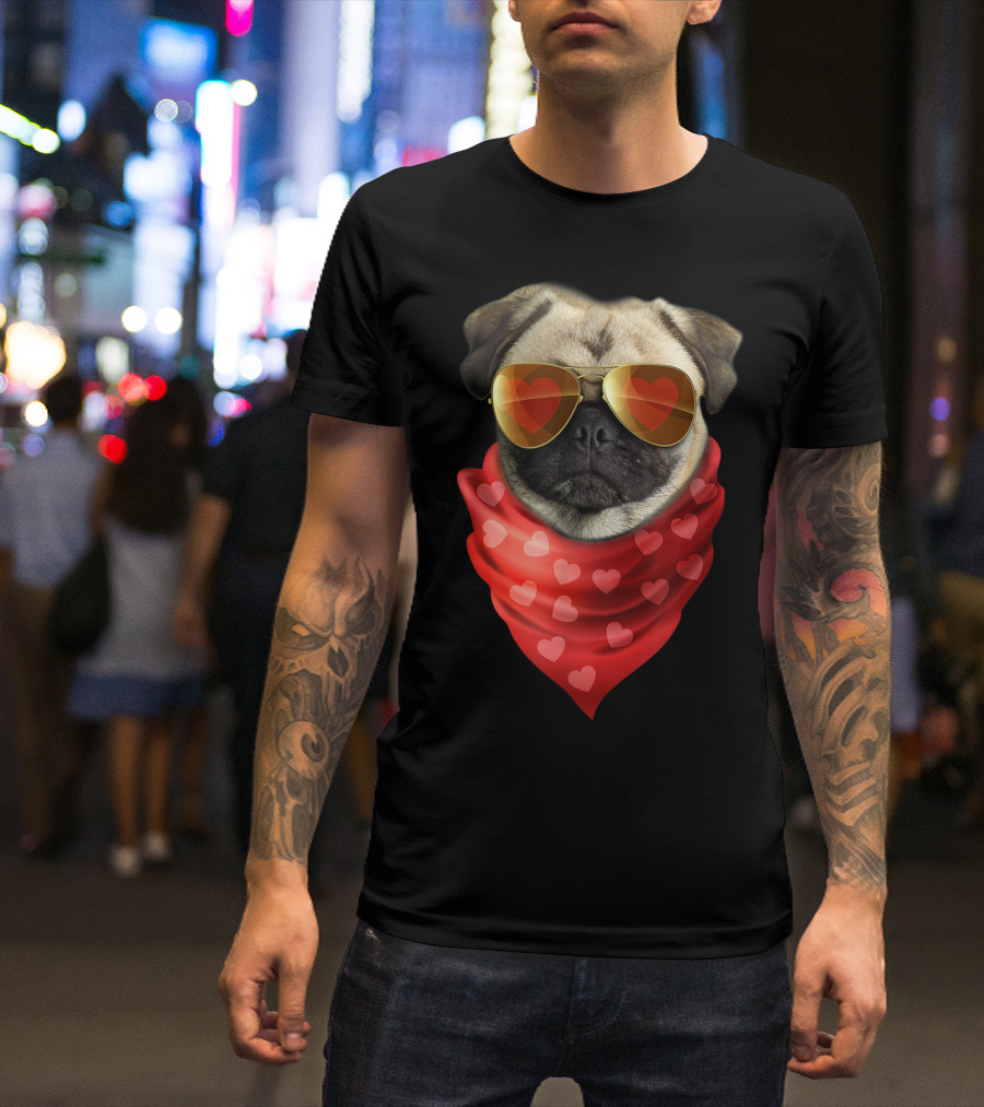 Pug Valentine Heart Bandana Sunglasses Romantic Mood T-Shirt