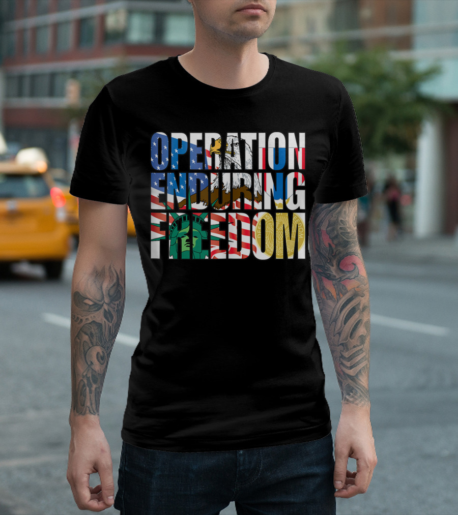 Operation Enduring Freedom OEF Veteran American Flag Eagle Statue of Liberty Badge T-Shirt