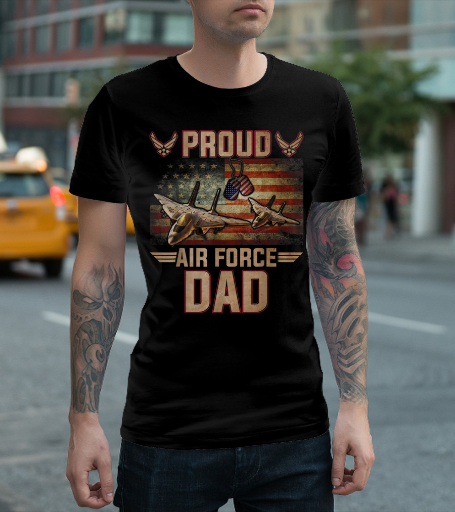 Proud Air Force Dad Patriot Pride with Fighter Jets and American Flag T-Shirt