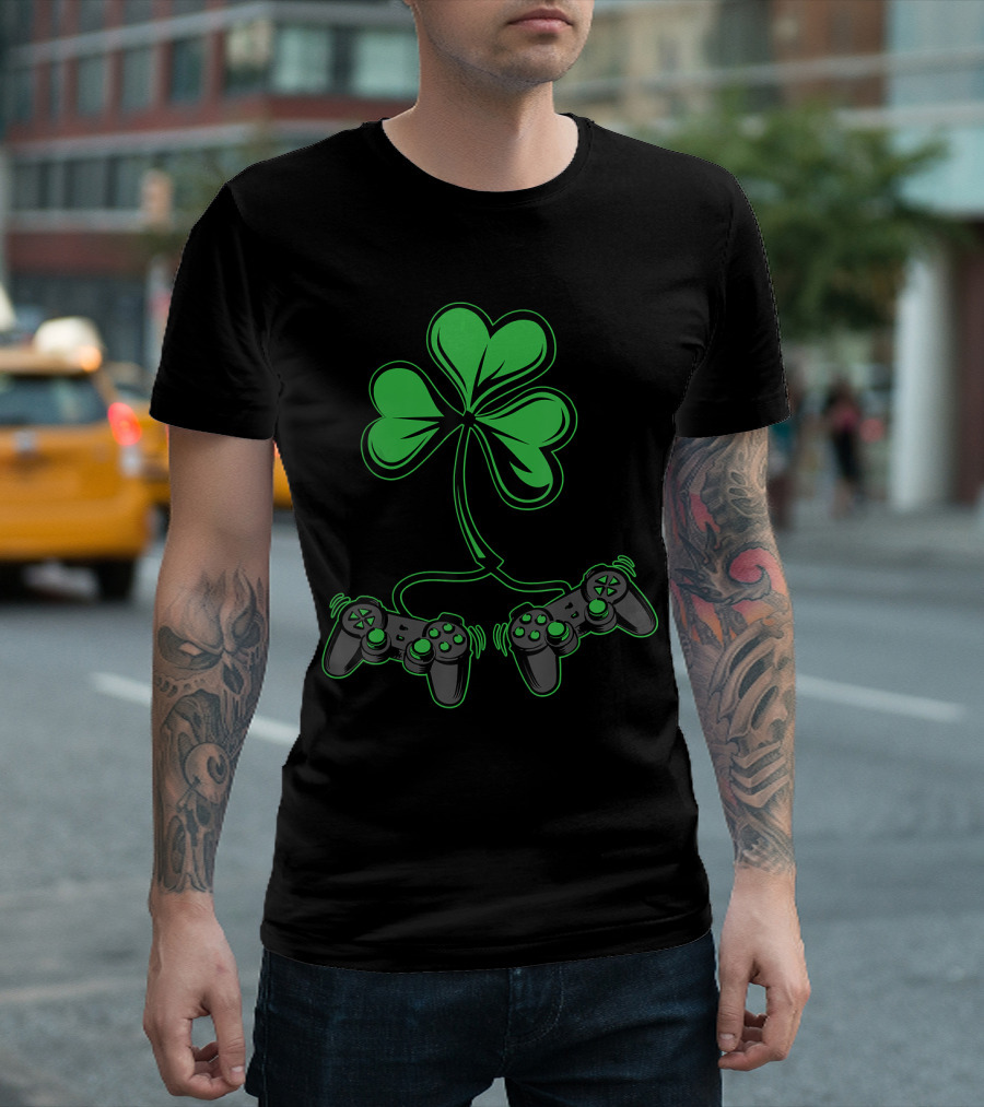 Boys Gaming St Patricks Day Video Game Shamrock Controllers T-Shirt
