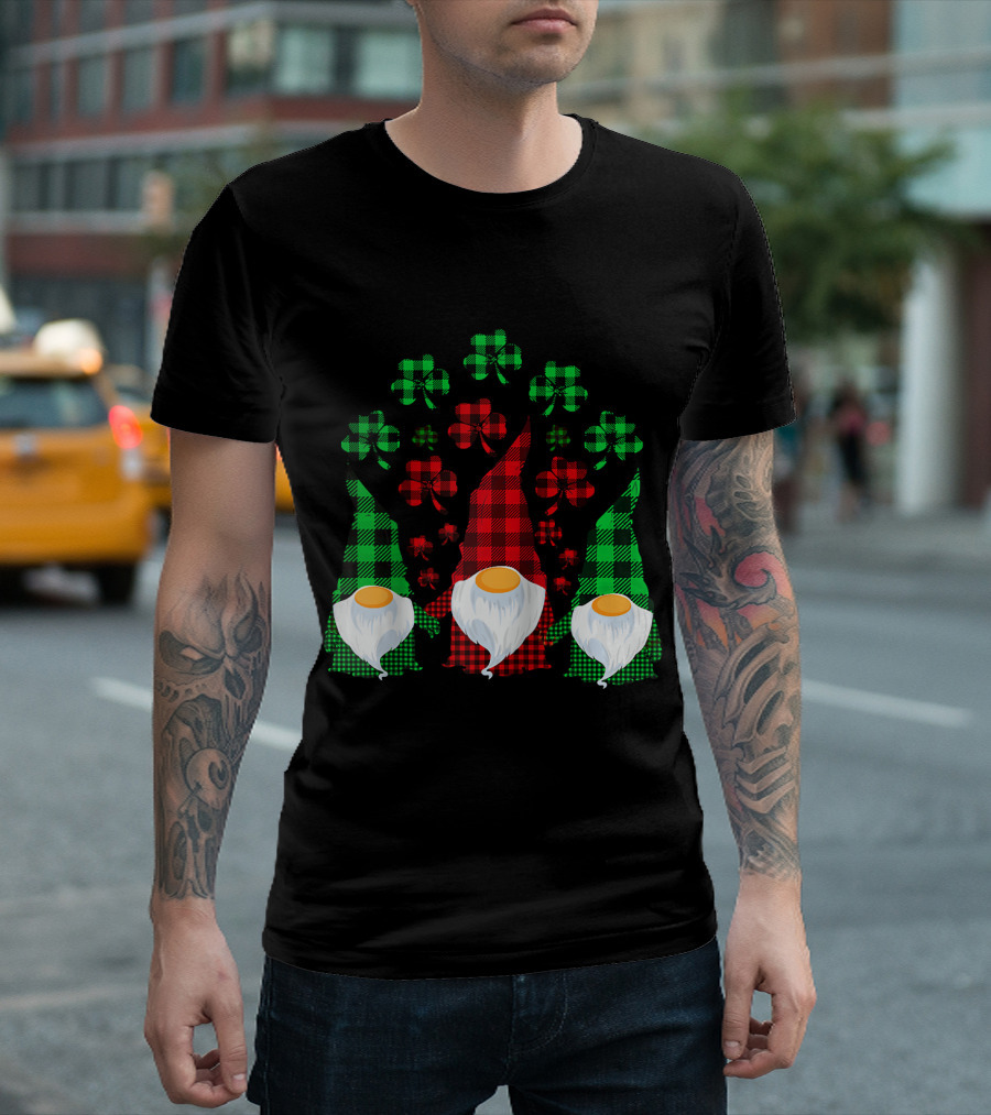 Cute Three Gnomes Shamrocks Red Green Buffalo Plaid T-Shirt