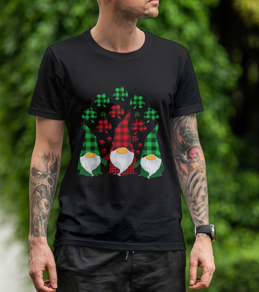 Cute Three Gnomes Shamrocks Red Green Buffalo Plaid T-Shirt
