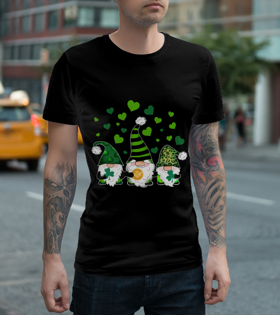 Gnome Leprechaun Tomte Green Gnomes Shamrock Hearts Striped Leopard Hat T-Shirt