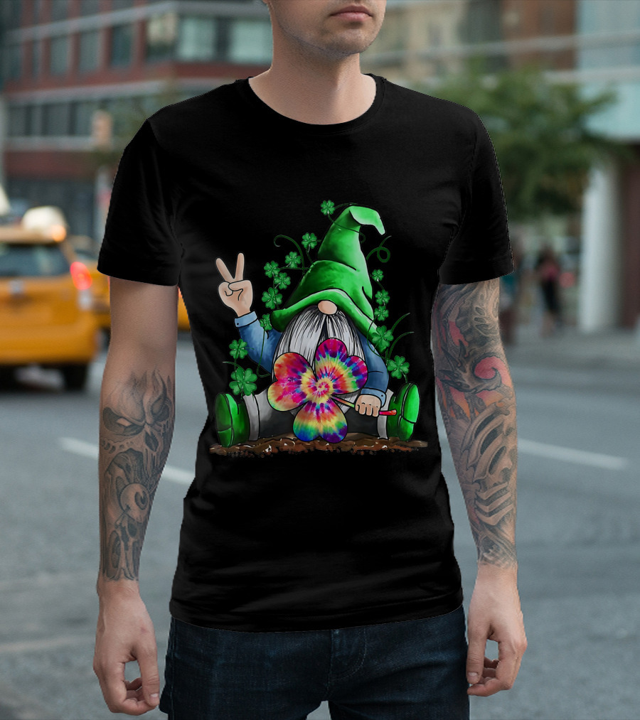 Gnome Hippie Peace Sign Shamrock Tie Dye Leprechaun T-Shirt