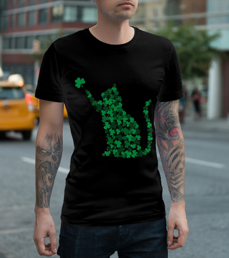 Happy Saint Patrick's Day Cat Made of Shamrocks T-Shirt