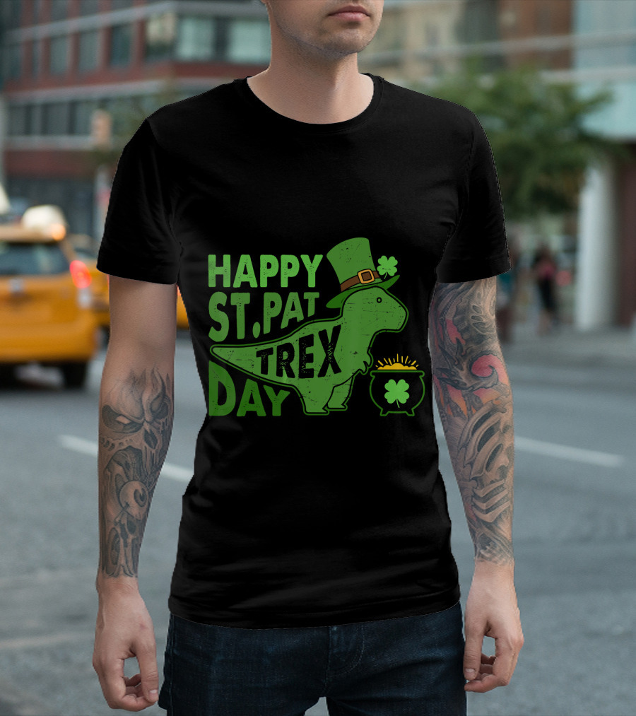 Happy St. Pat Trex Day Dinosaur with Leprechaun Hat and Gold Cauldron T-Shirt