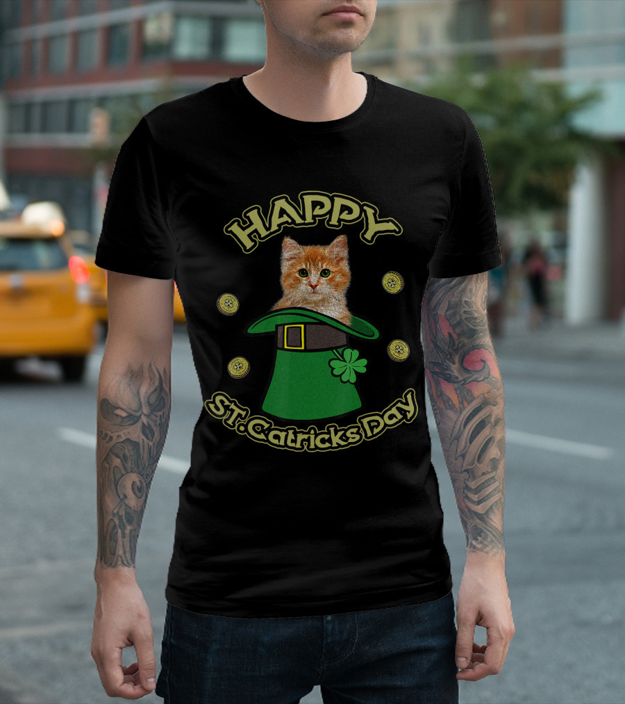 Happy St. Catrick's Day Cat Lover with Green Hat and Coins T-Shirt