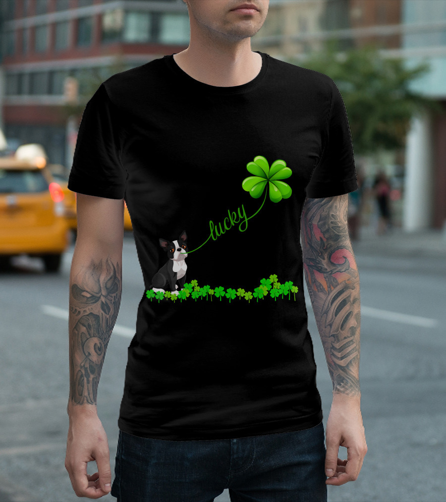 Irish Lucky Boston Terrier with Shamrock T-Shirt