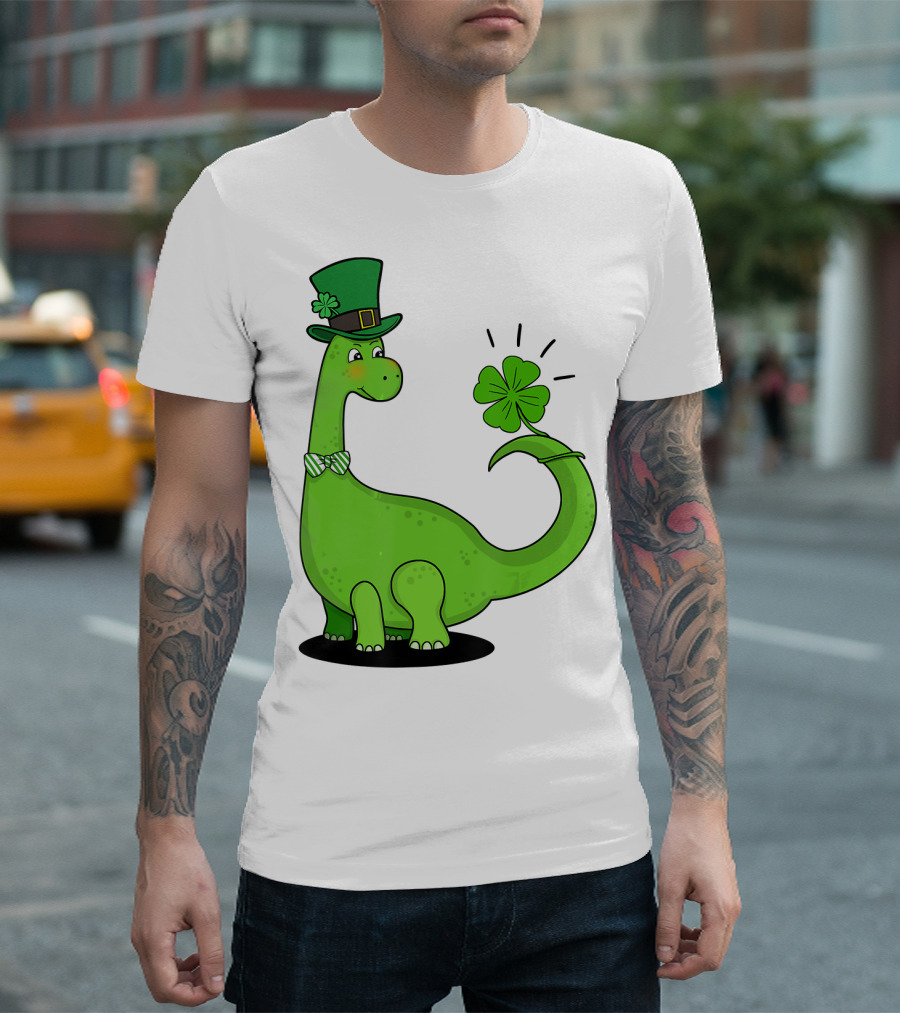 Kid's Dinosaur With Leprechaun Hat And Shamrock For St Patrick's Day T-Shirt