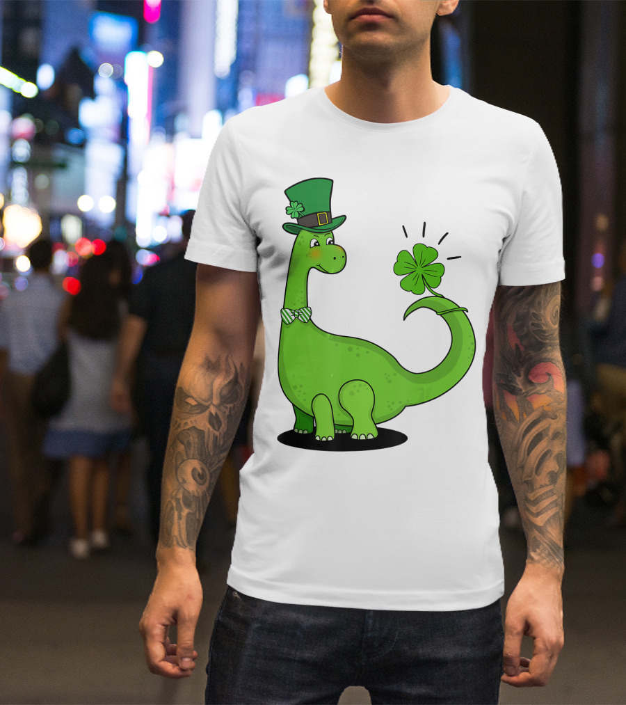Kid's Dinosaur With Leprechaun Hat And Shamrock For St Patrick's Day T-Shirt