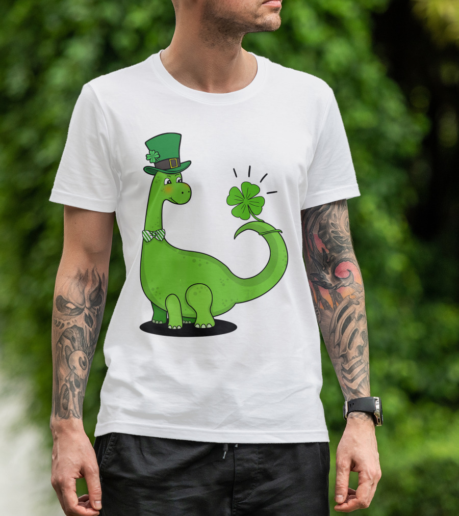 Kid's Dinosaur With Leprechaun Hat And Shamrock For St Patrick's Day T-Shirt