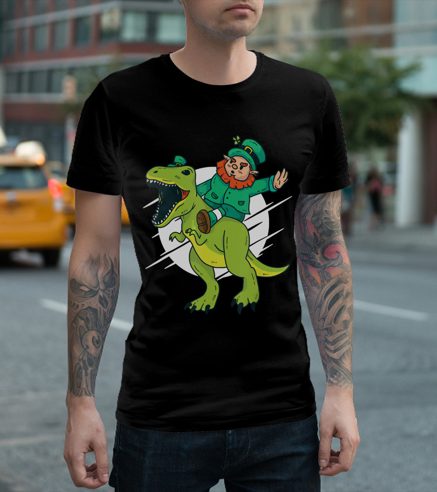 Leprechaun on T-Rex Dinosaur with Moon Background T-Shirt