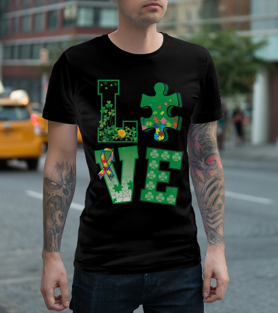 Love Shamrock Puzzle Piece Ribbon St Patrick's Day T-Shirt