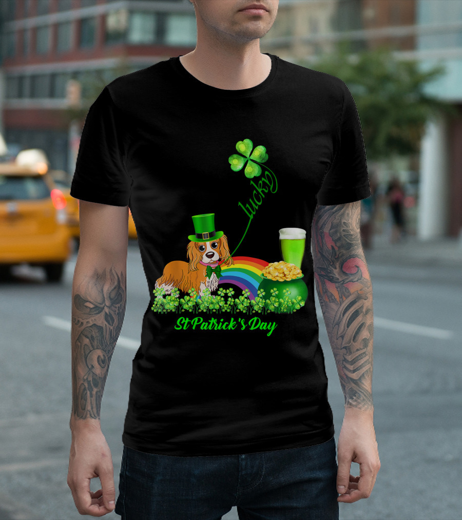 St Patrick's Day Lucky Cavalier Dog Shamrock Rainbow Gold Beer T-Shirt