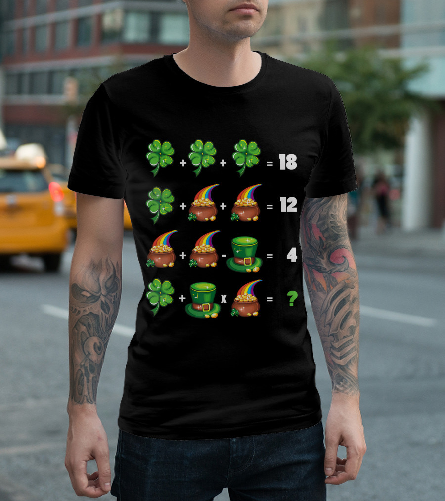 Math Teacher St Patrick's Day Clover Rainbow Pot Equation Puzzle T-Shirt