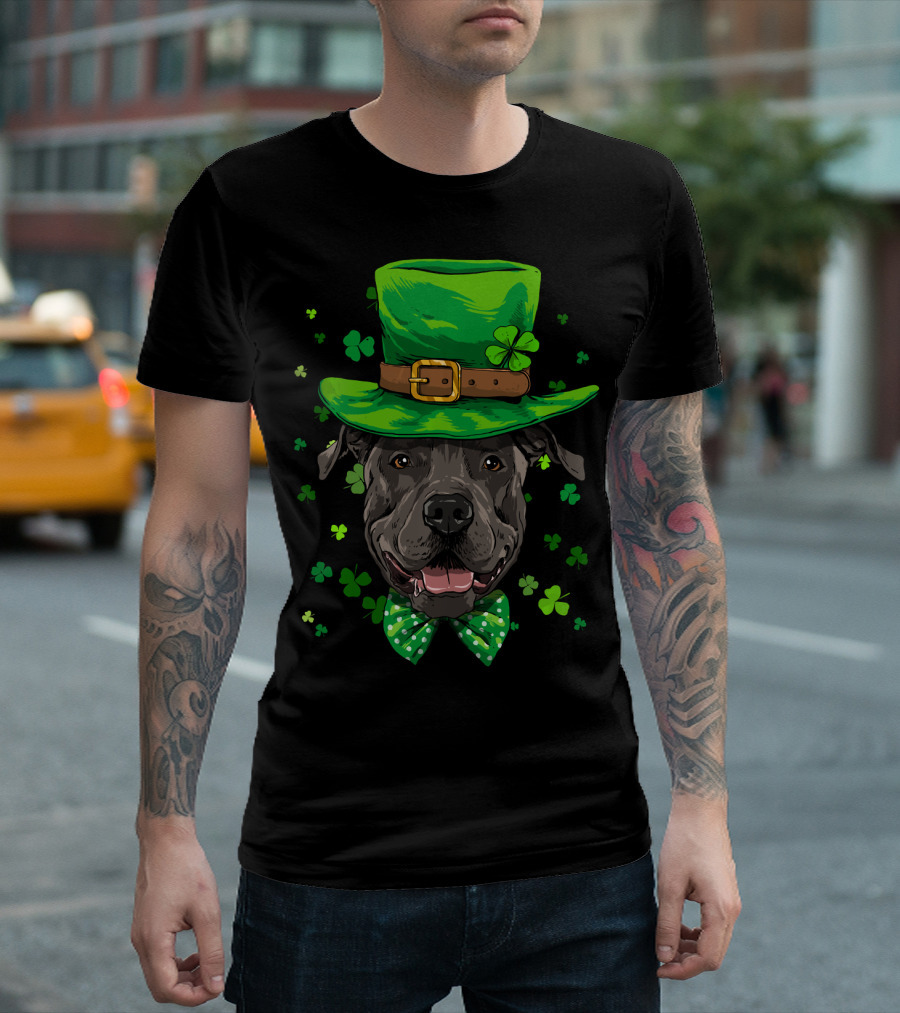 Pit Bull Leprechaun St Patricks Day Dog Hat Clover Bowtie T-Shirt