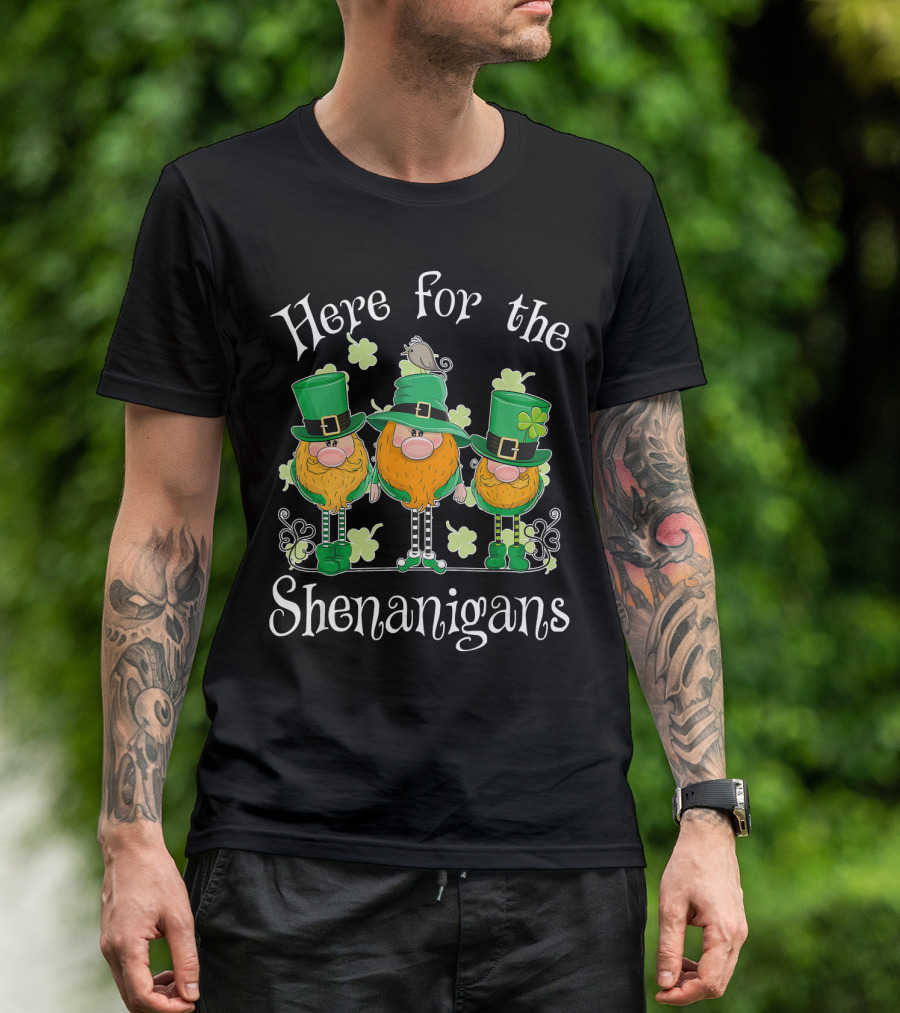 Here For The Shenanigans St Patricks Day Gnome Trio With Shamrocks T-Shirt