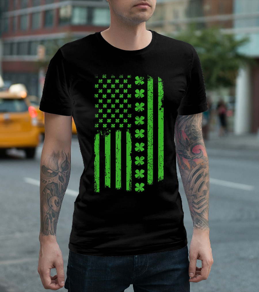 St Patricks Day Irish American Flag With Shamrock T-Shirt