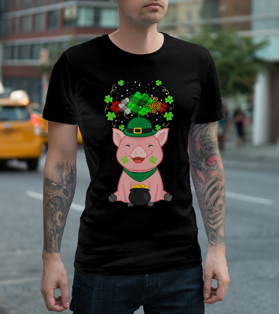 St Patricks Day Pig Shamrock Leprechaun Pot of Gold Plaid and Leopard Styles T-Shirt