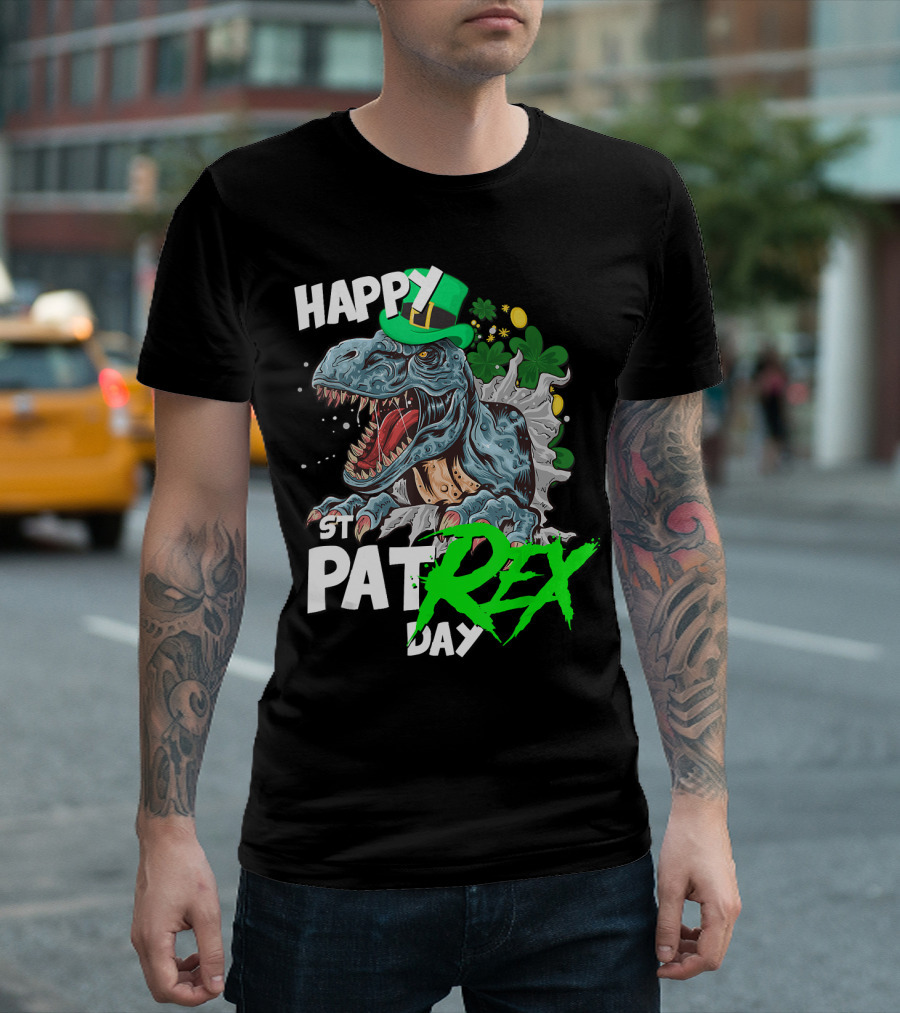 Happy St Pat Rex Day Dinosaur with Shamrock Hat T-Shirt