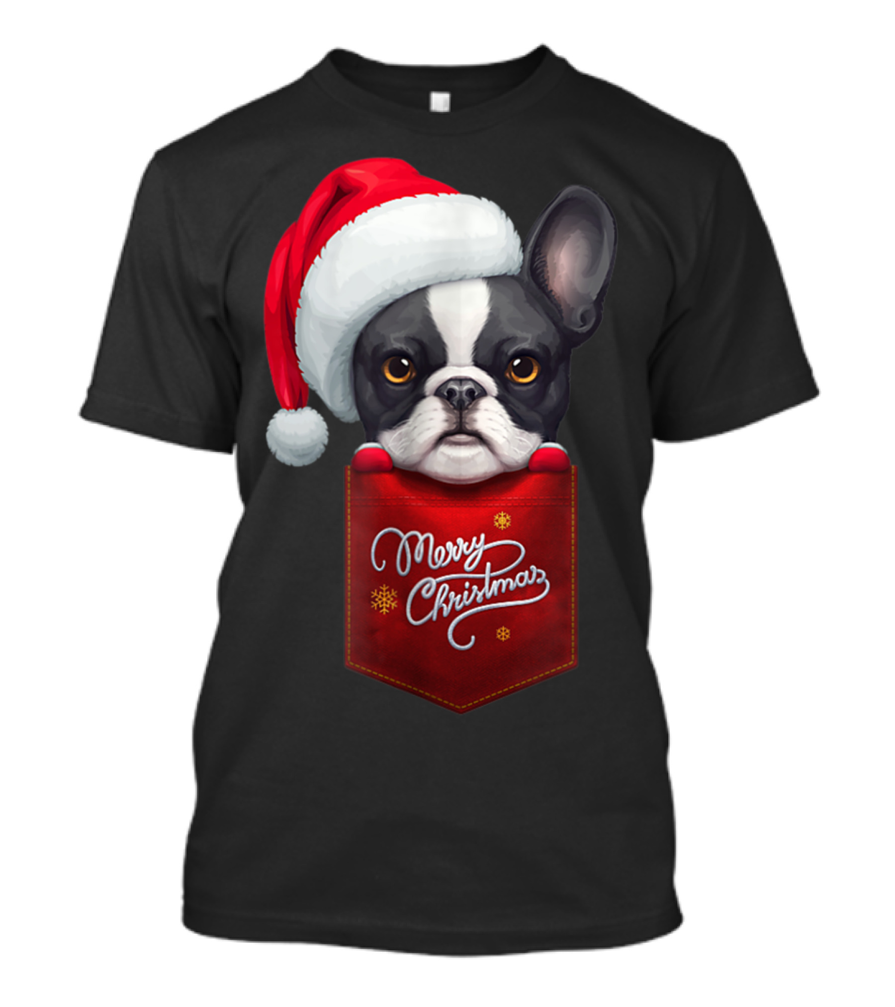 Merry Christmas Black White French Bulldog In Santa Hat Red Chest Pocket T-Shirt