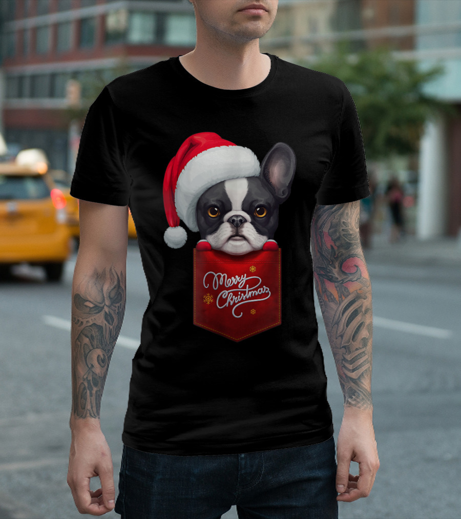 Merry Christmas Black White French Bulldog In Santa Hat Red Chest Pocket T-Shirt