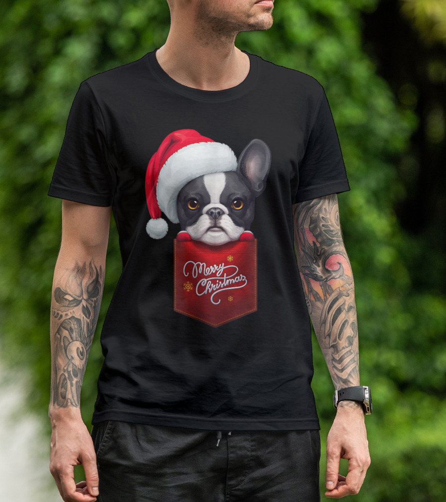 Merry Christmas Black White French Bulldog In Santa Hat Red Chest Pocket T-Shirt