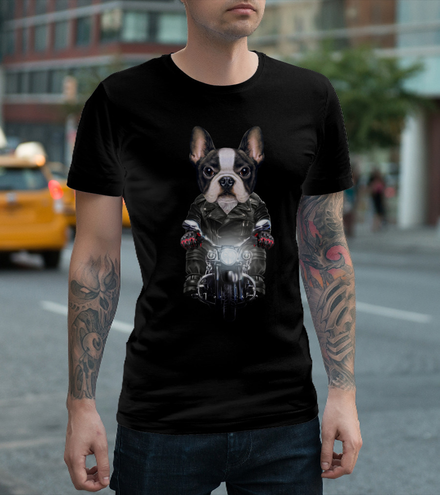 Cute French Bulldog Riding Motorcycle In Leather Jacket With Gloves T-Shirt
