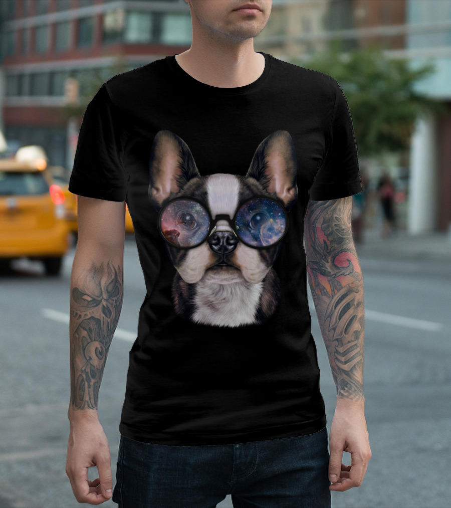 Cute French Bulldog in Galaxy Glasses Space T-Shirt