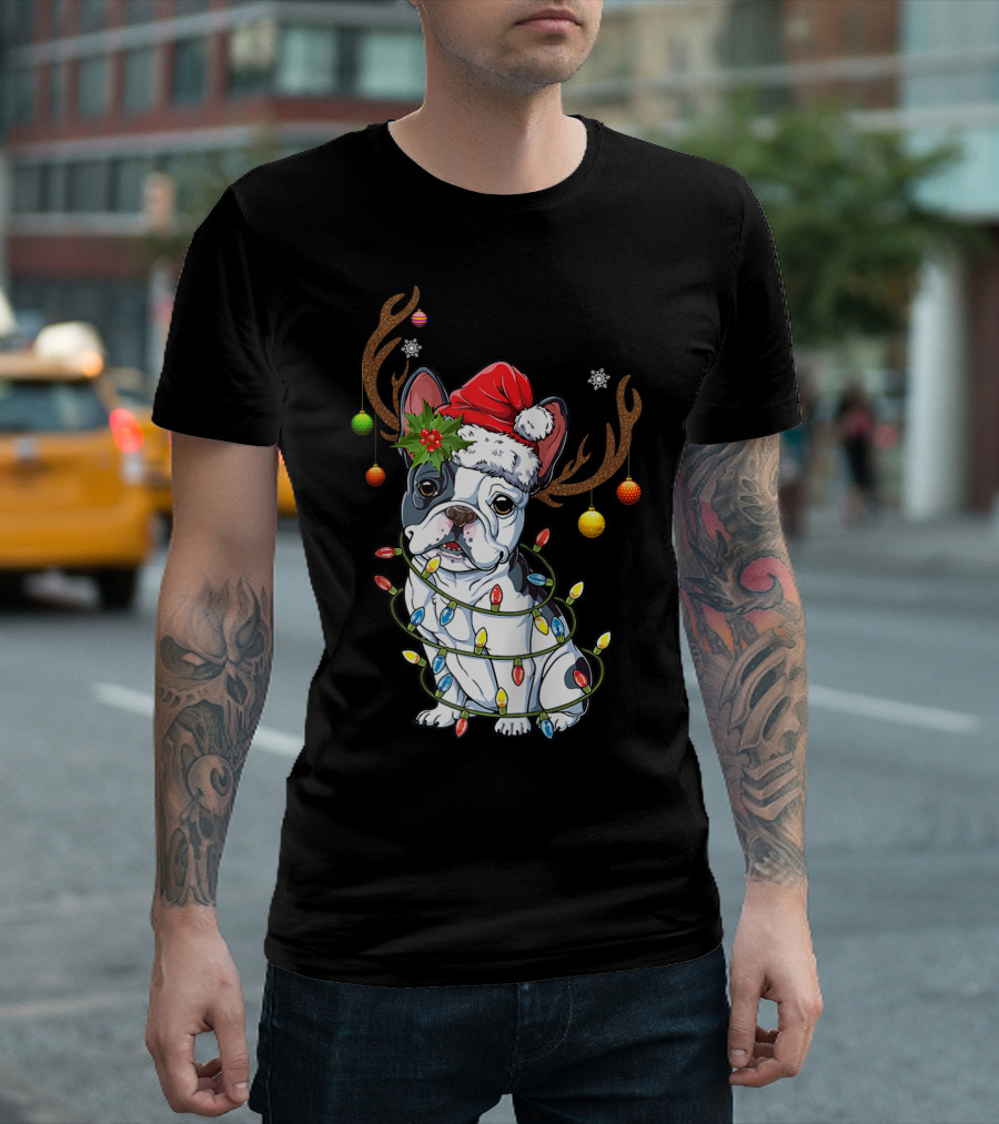 Cute Frenchies Dog Reindeer Antlers Christmas Tree Lights Santa Hat T-Shirt