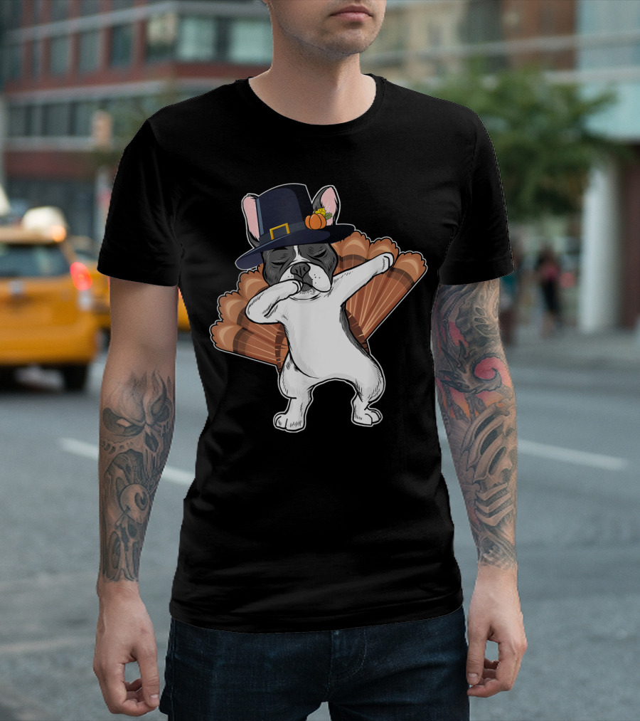 French Bulldog Dab In Pilgrim Hat With Turkey Feathers T-Shirt