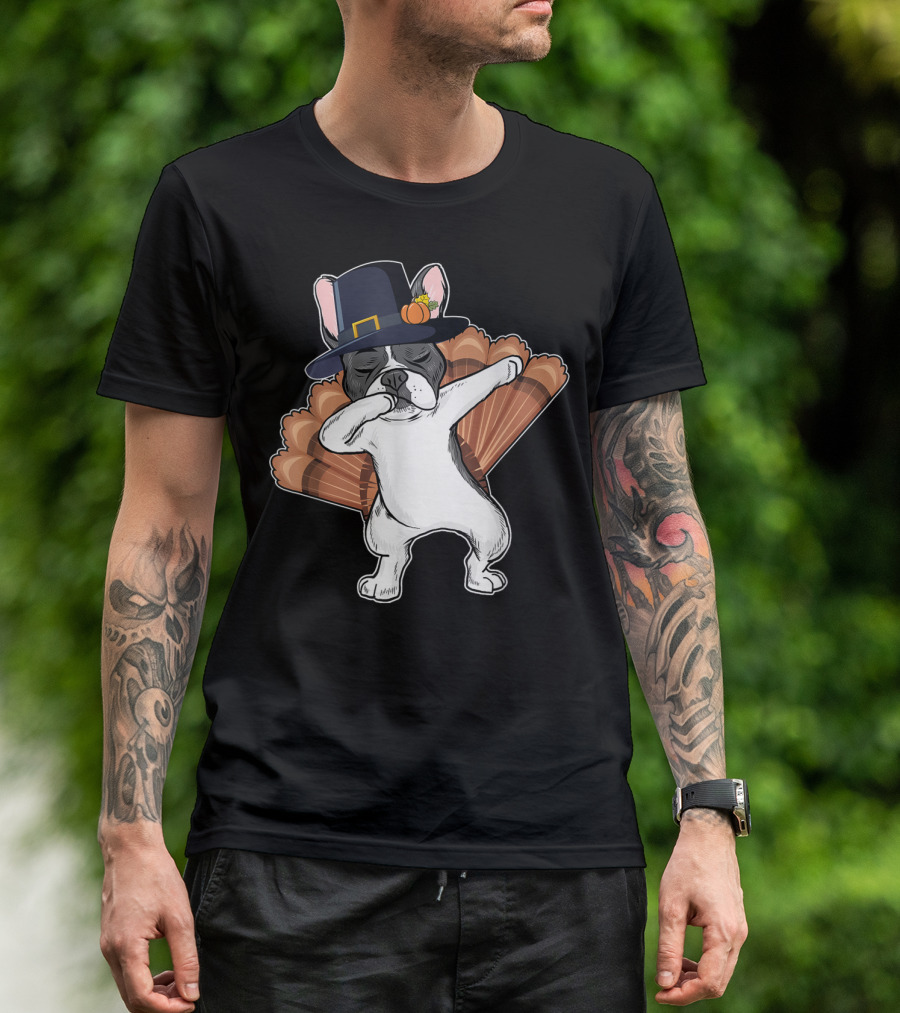 French Bulldog Dab In Pilgrim Hat With Turkey Feathers T-Shirt