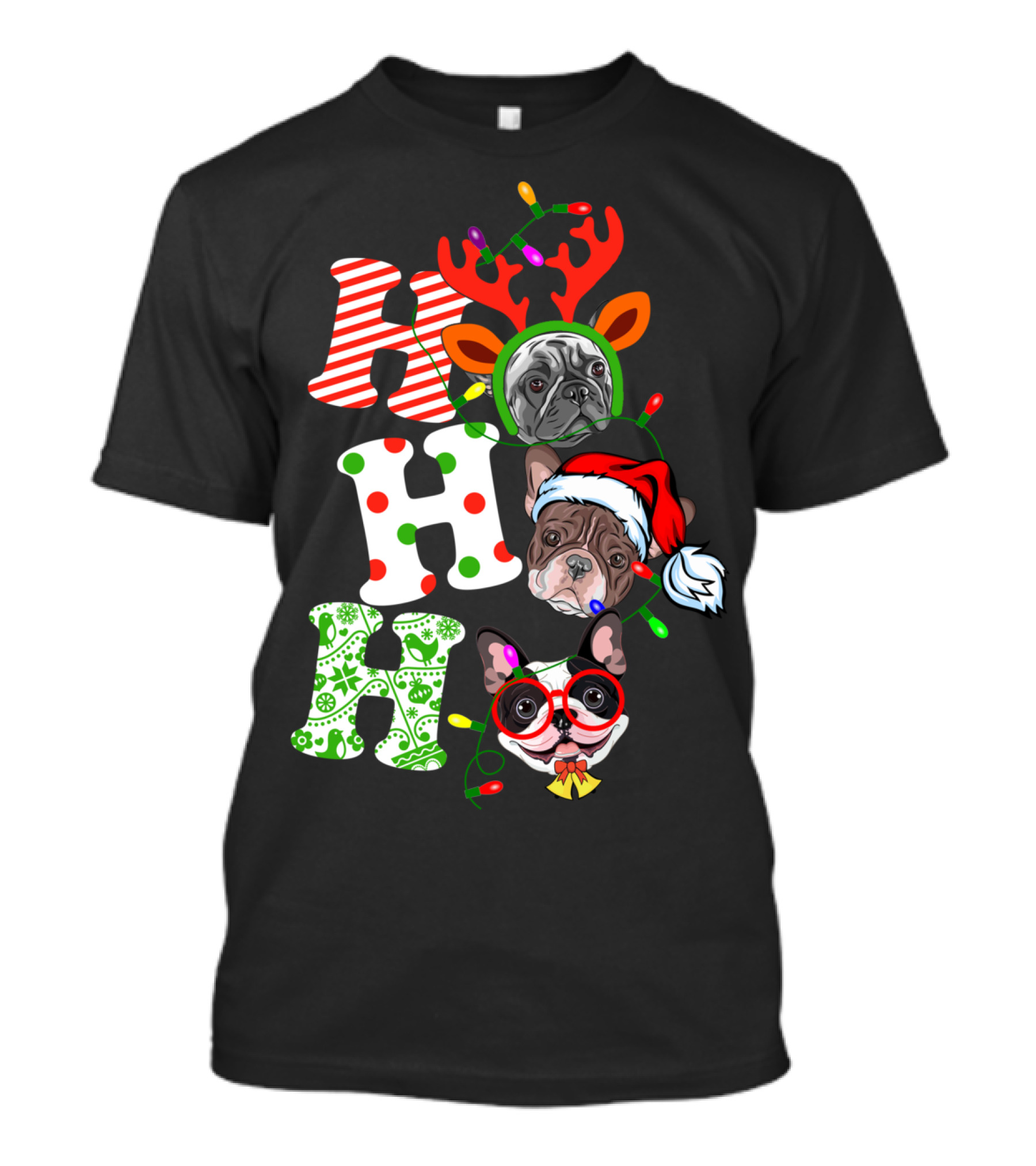 Ho Ho Ho Christmas French Bulldog Santa Laugh With Holiday Lights And Antlers T-Shirt
