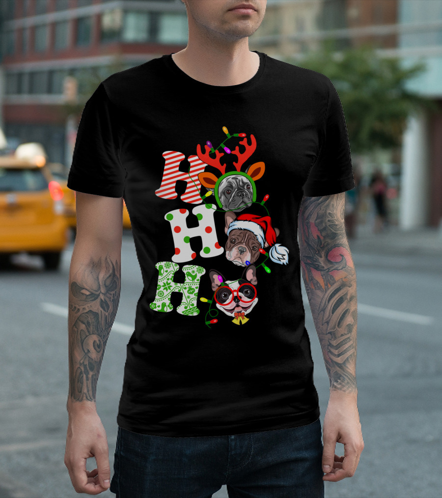 Ho Ho Ho Christmas French Bulldog Santa Laugh With Holiday Lights And Antlers T-Shirt