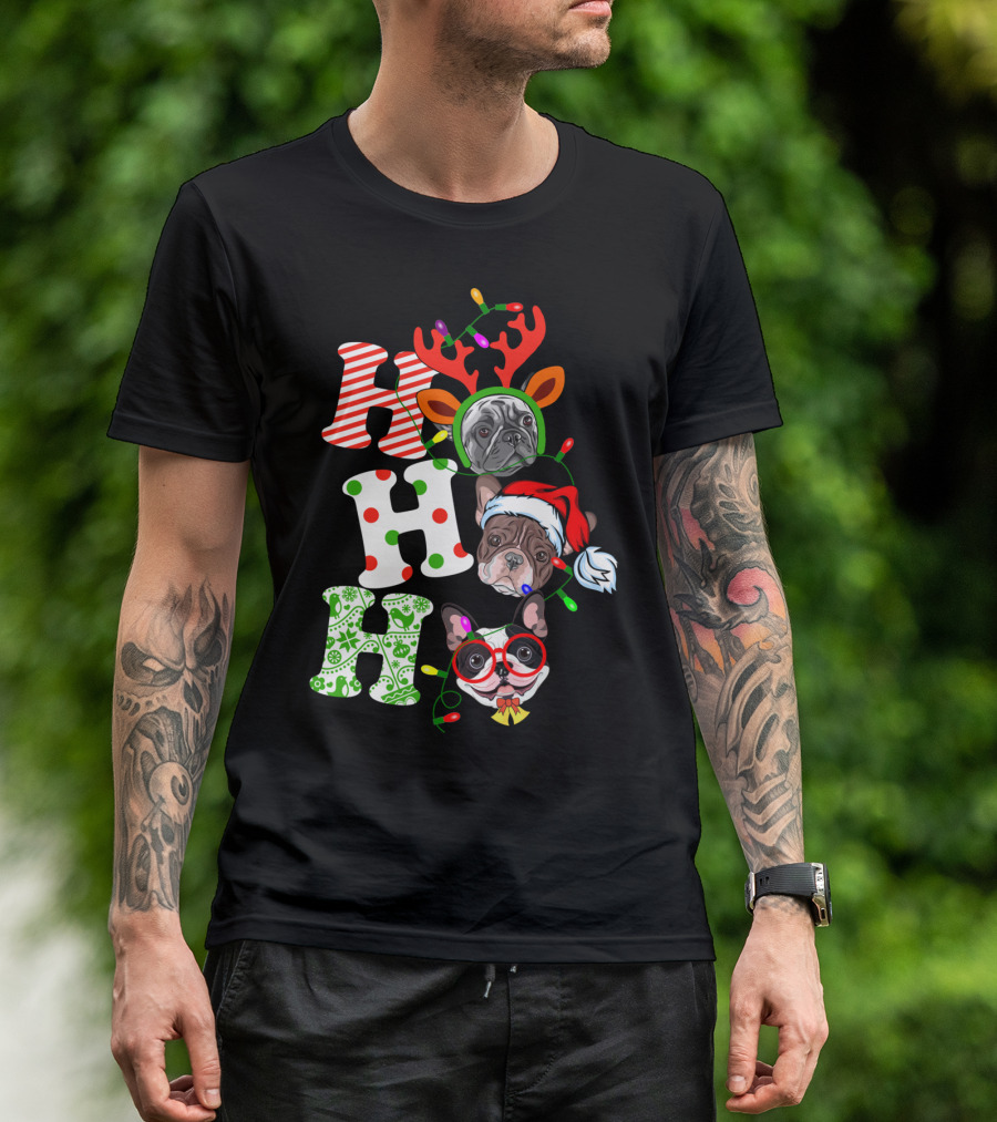 Ho Ho Ho Christmas French Bulldog Santa Laugh With Holiday Lights And Antlers T-Shirt