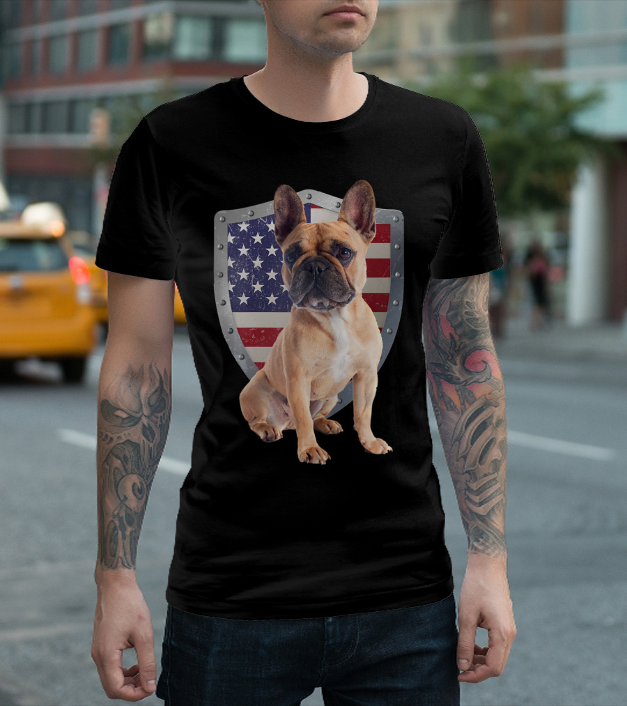 Patriotic French Bulldog USA American Flag Shield T-Shirt