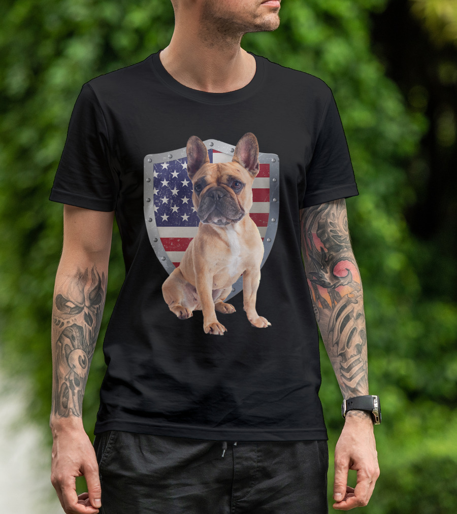 Patriotic French Bulldog USA American Flag Shield T-Shirt