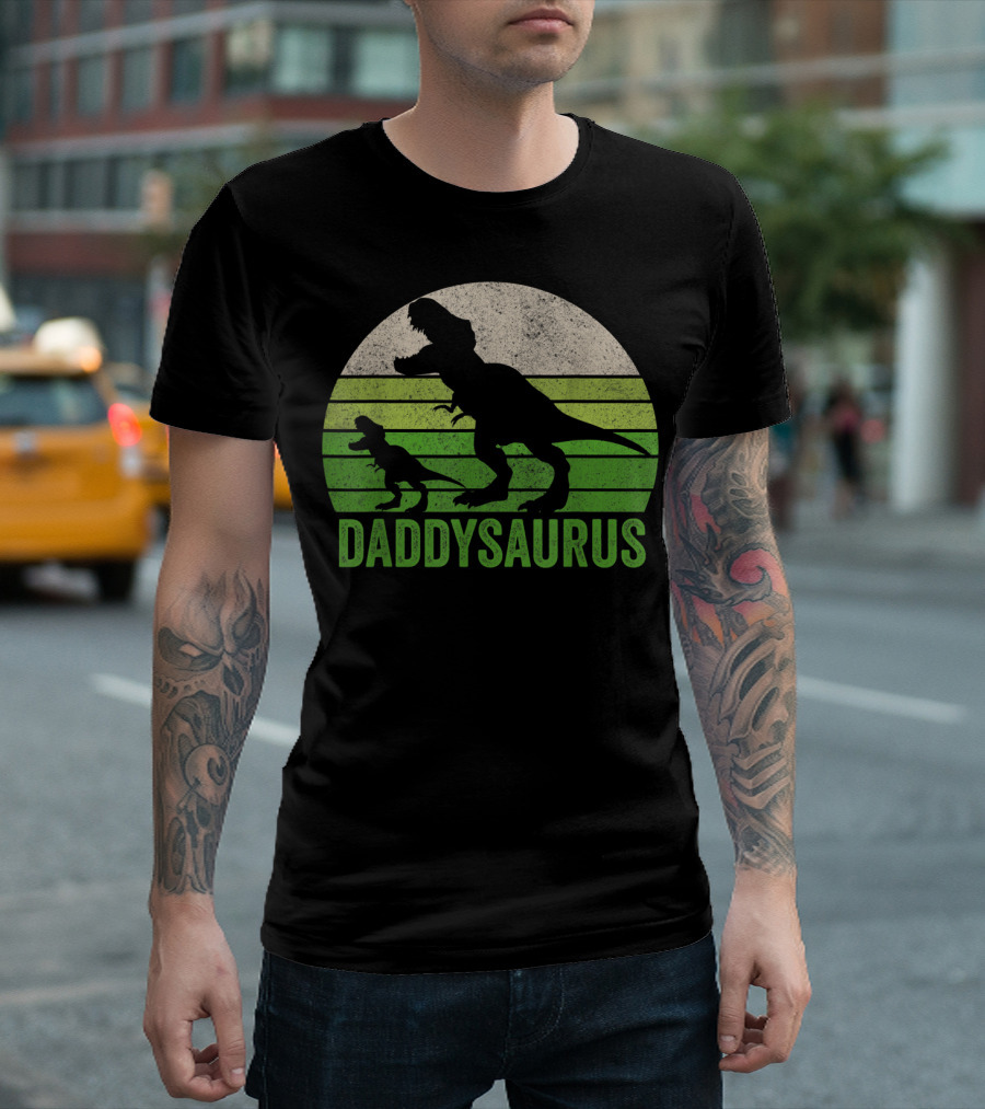 Funny Daddy Dinosaur Daddysaurus T-Rex Silhouette With Green Striped Circle T-Shirt